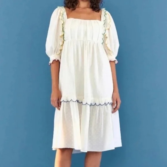 Farm Rio Off White Texture Mini Dress Ruffle New With Tags Size Medium - Picture 1 of 9
